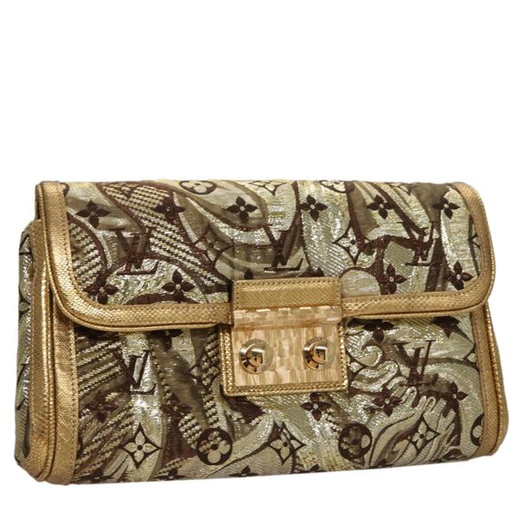LOUIS VUITTON Monogram Brocade Tari Clutch Bag Gold M93142 LV Auth 106316S - Picture 1 of 14